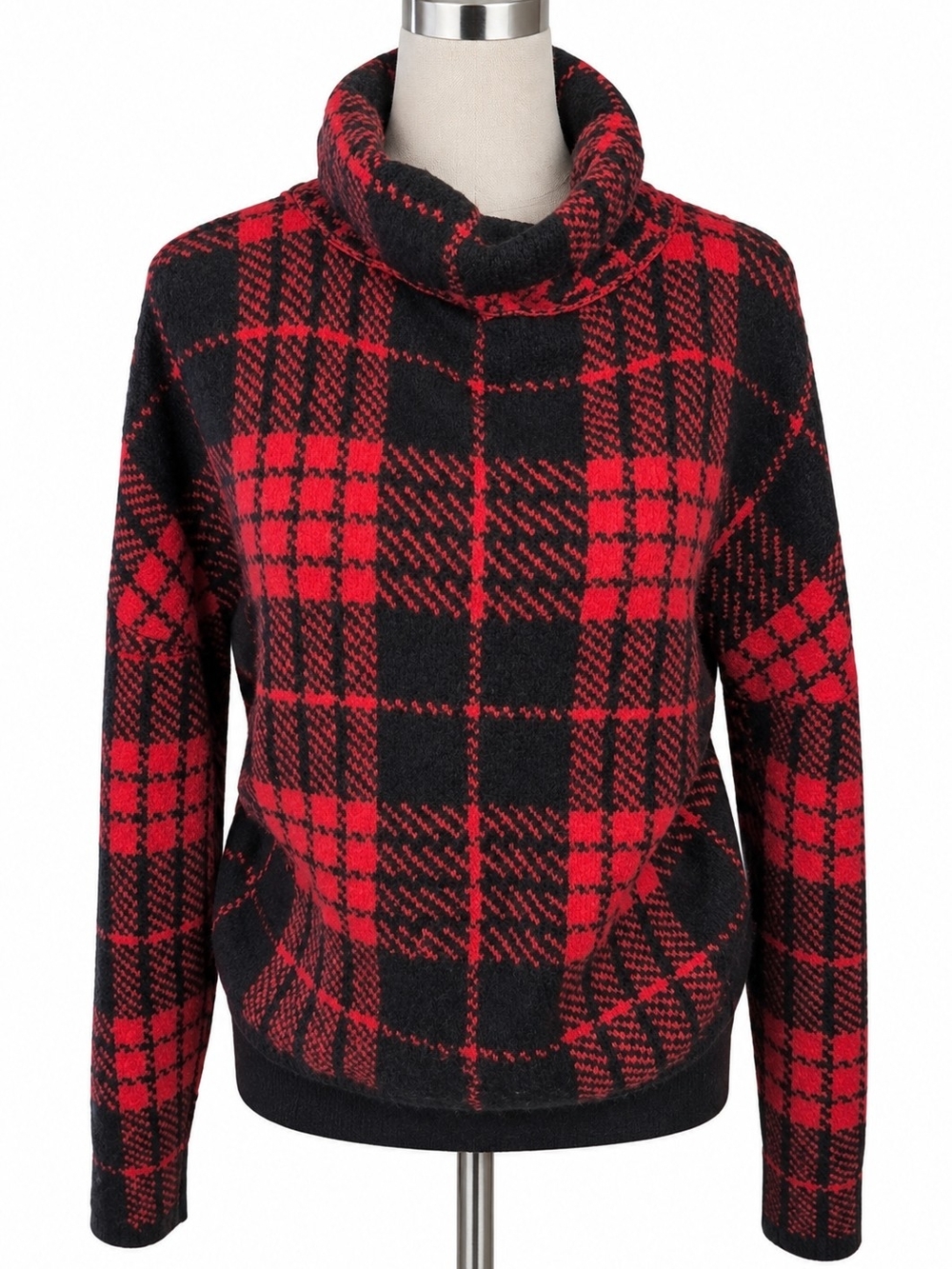 No Boundaries Juniors L Red Black Plaid Cowl Neck Sweater Buffalo Check